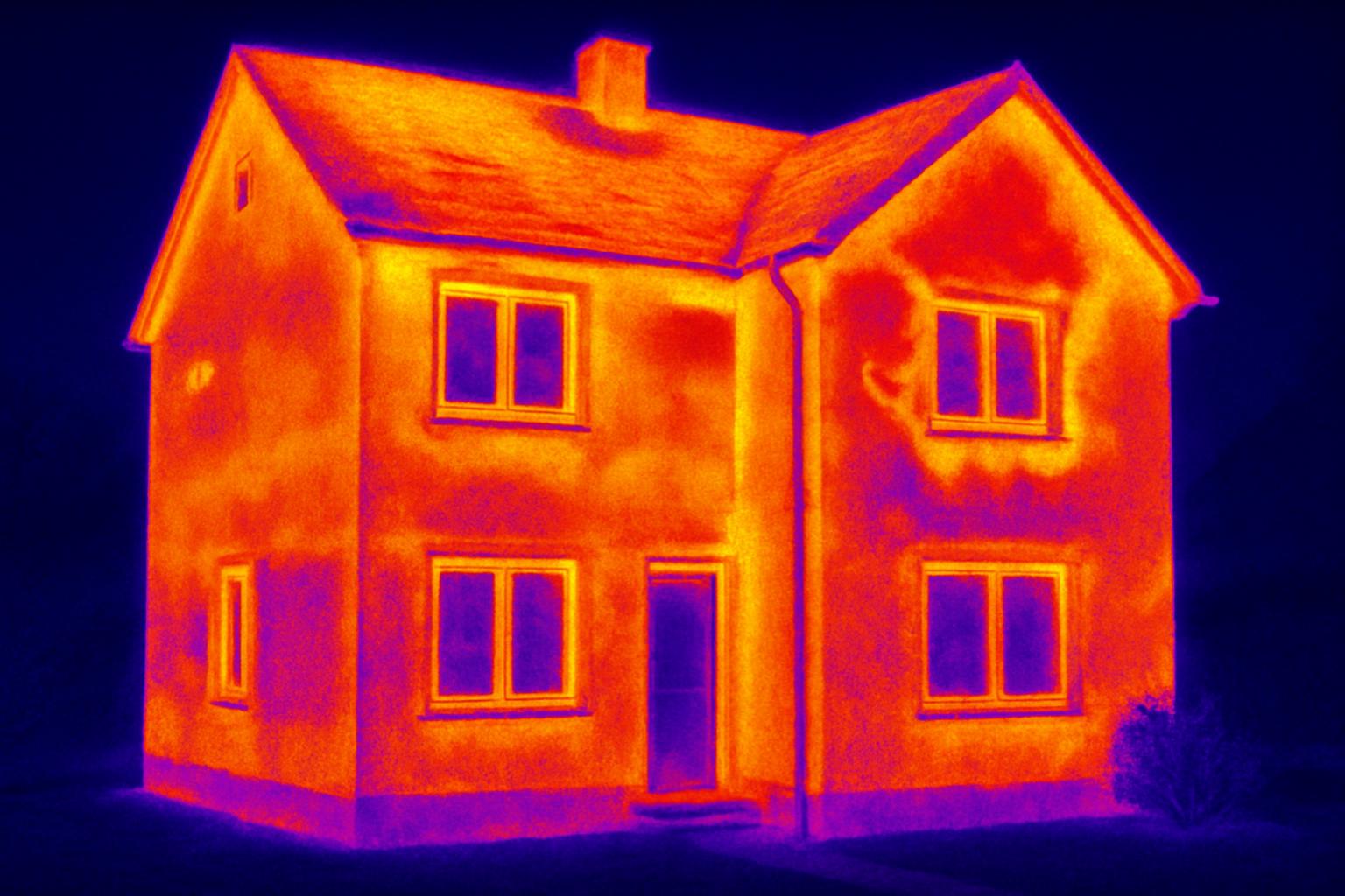 thermal image of house showing heat signatures for defects.