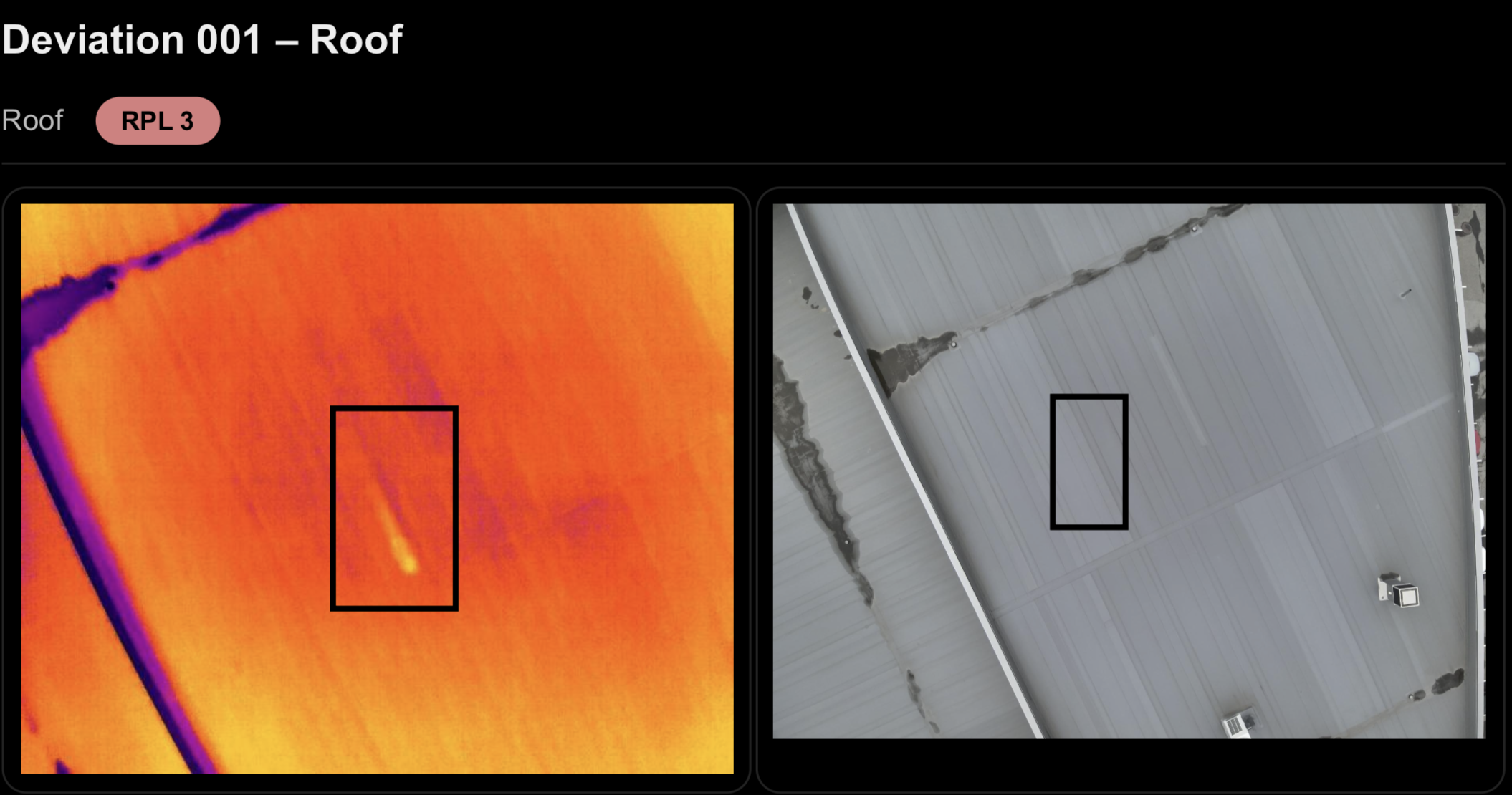 Example report page showing Deviation 001 – roof with thermal image and matching RGB photo highlighting a moisture defect.