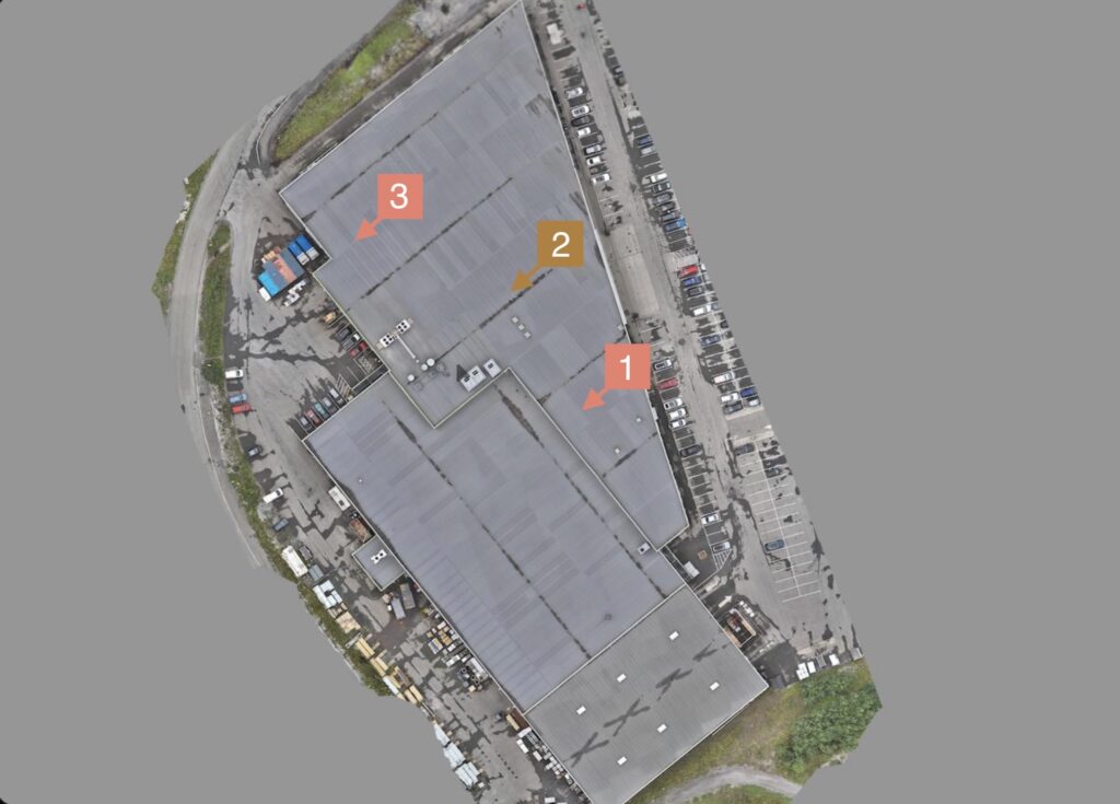 Aerial roof overview of a commercial building showing deviation locations 1, 2 and 3.