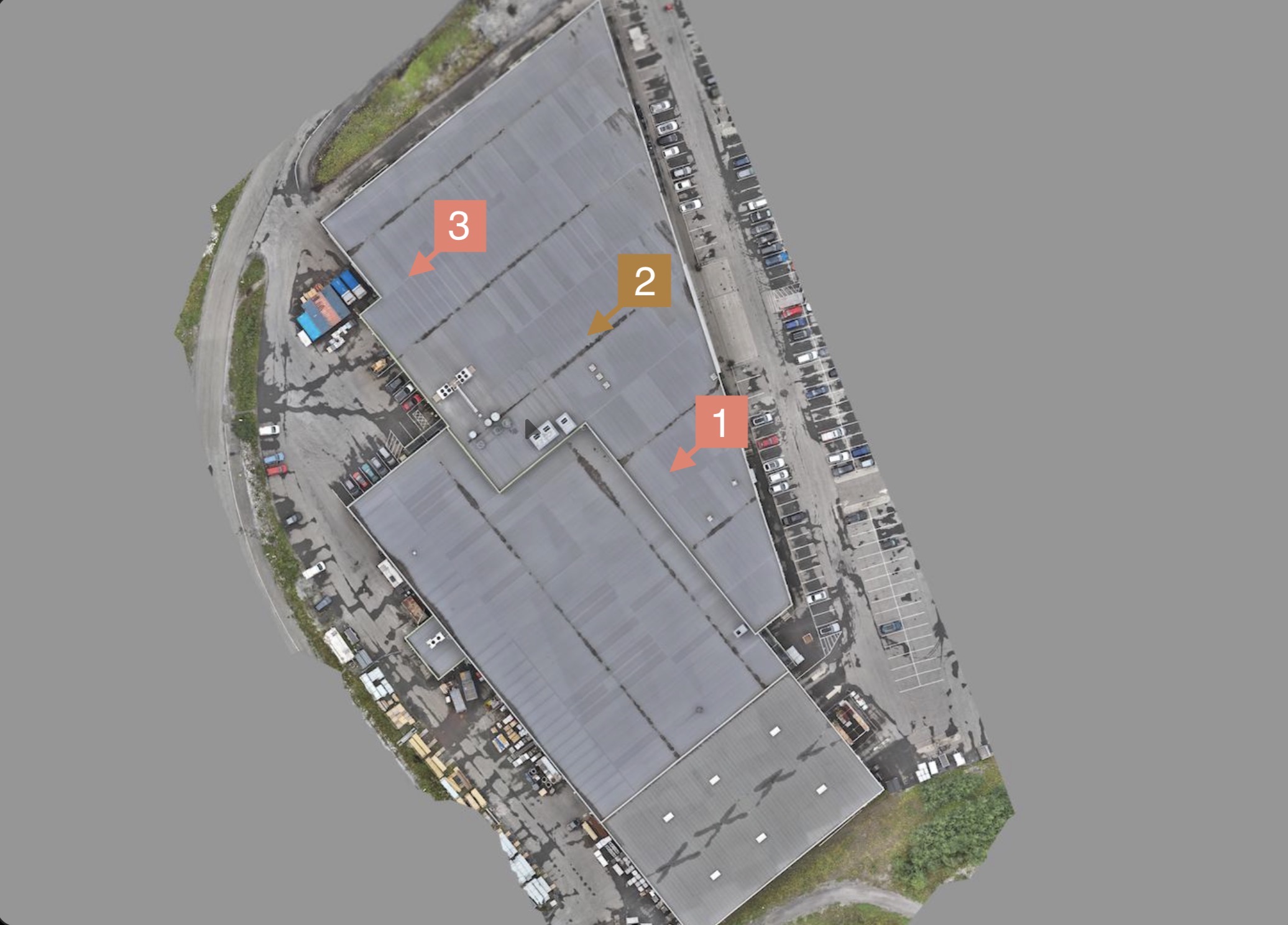 Aerial roof overview of a commercial building showing deviation locations 1, 2 and 3.