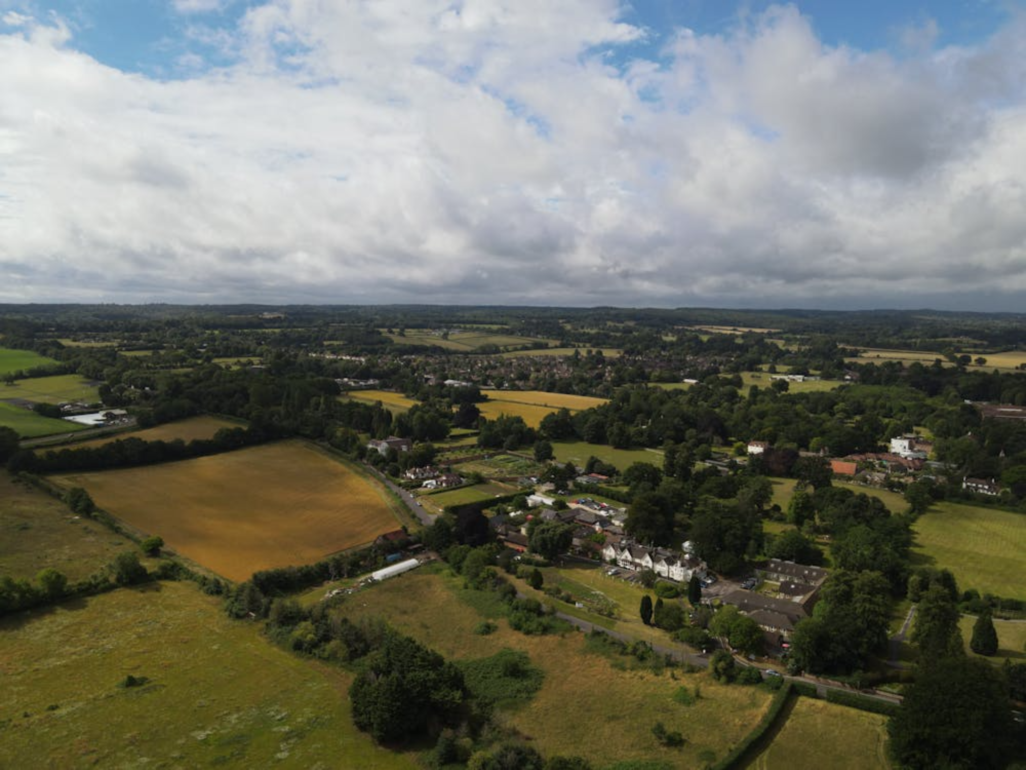 Aerial view of Surrey countryside and villages